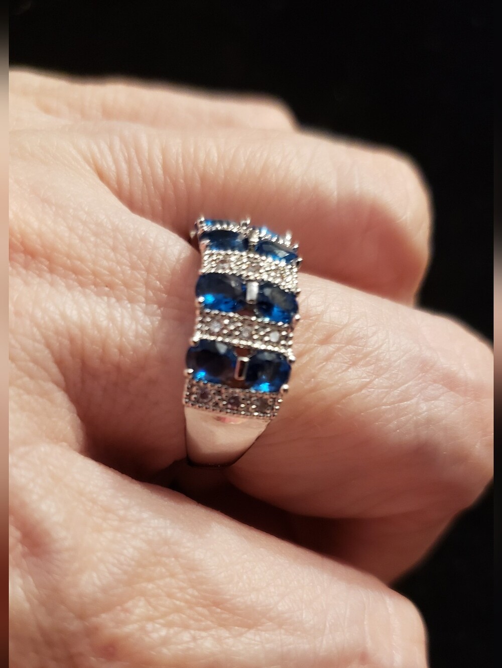 NEW Blue Sapphire Stamped 925 Fashion Ring, Wide Band W/oval Stones & Pavé - Picture 2 of 6